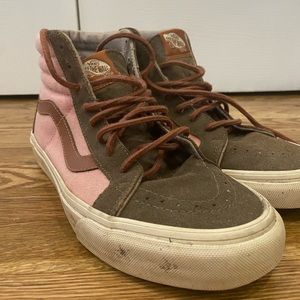 Custom Vans - barely worn. Pink linen/brown suede/tan leather.